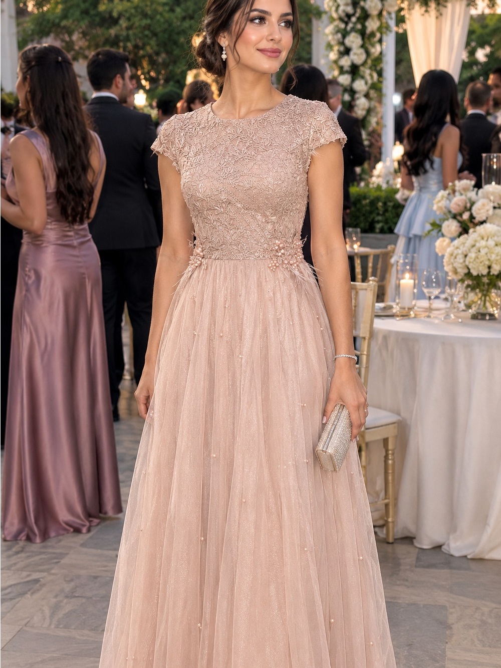 Elegant Blush Cream Lace & Tulle Prom Gown